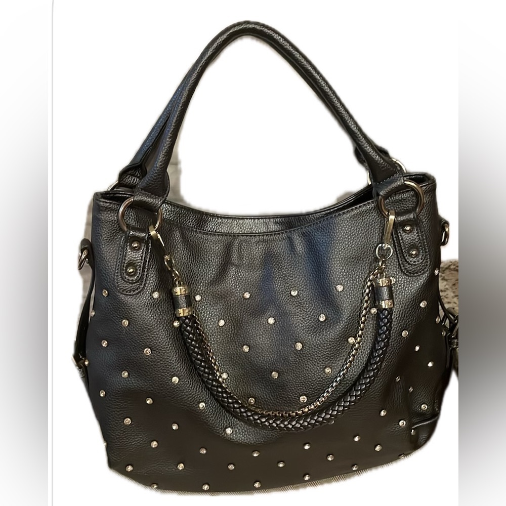 IMOSHION Black Vegan Leather Silver Embellished Shoulder Bag Purse